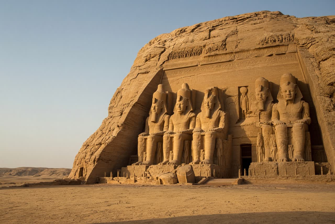 Ramses kolosser uthuggna i klippan vid Abu Simbel