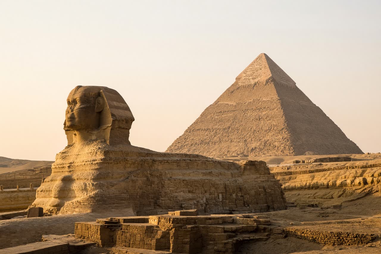 Pyramiderna på Giza-platån i ökenljus